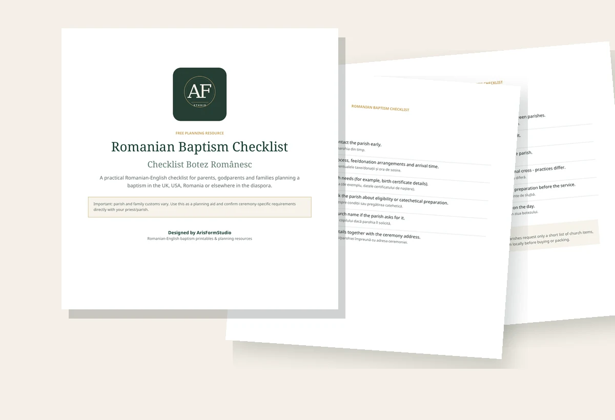 Preview of the free Romanian-English Baptism Checklist cover and interior pages