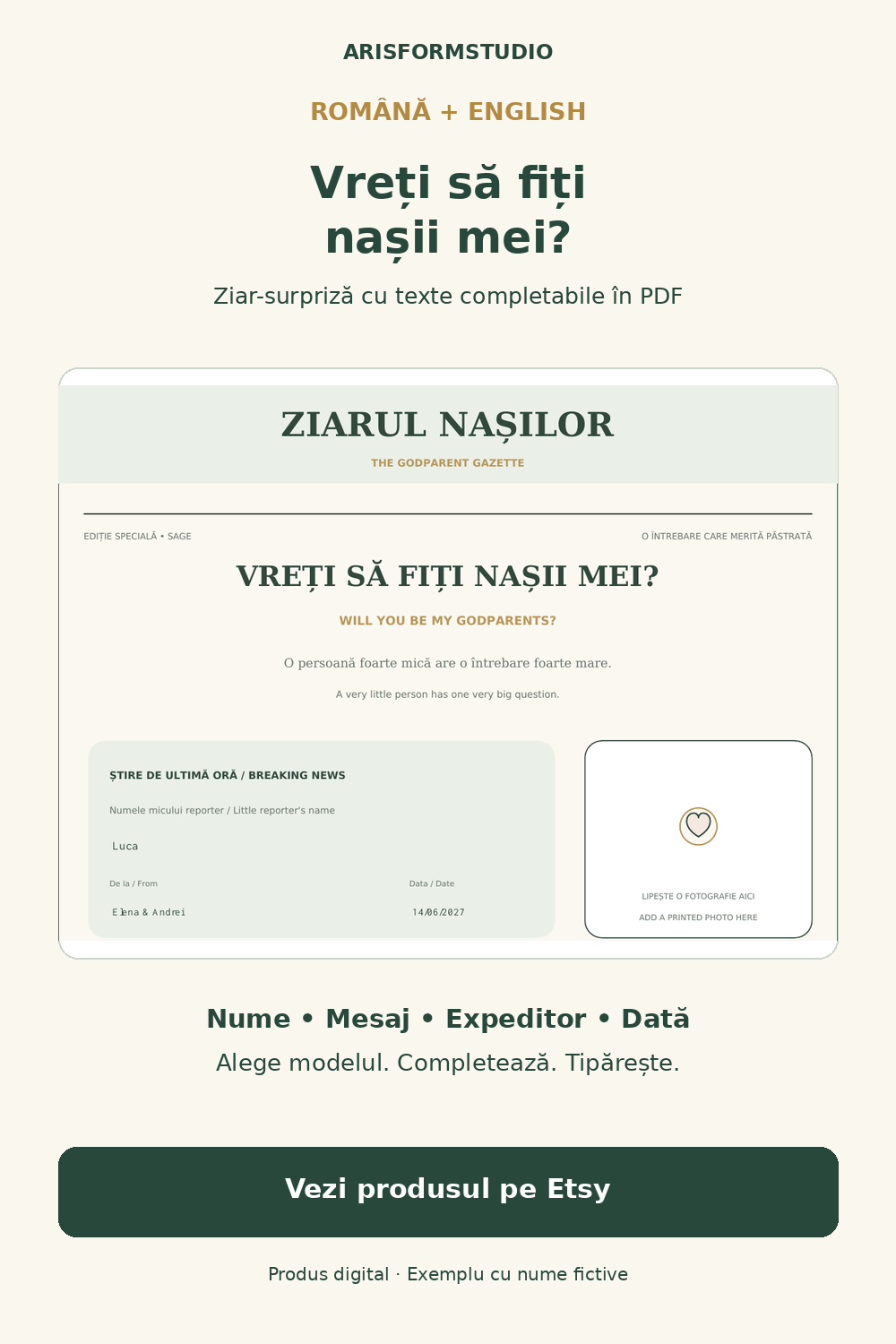 Previzualizare verde salvie a ziarului pentru nași, cu întrebarea română-engleză și numele fictiv Luca